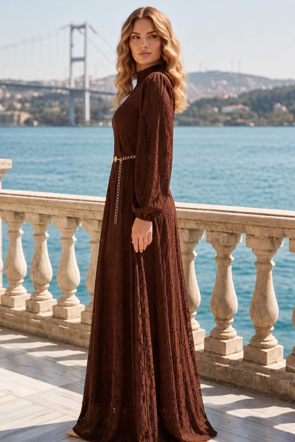 Kemerli Tesettür Elbise S0118 Kahverengi Kemerli Tesettür Elbise S0118 Kahverengi