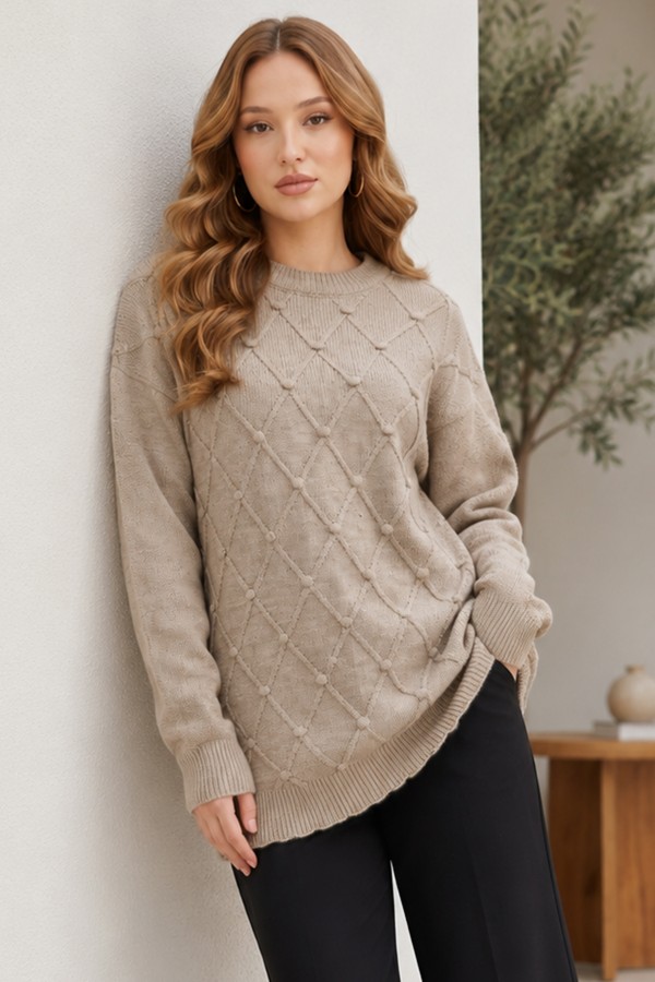 Desenli Triko Kazak R4514 Camel