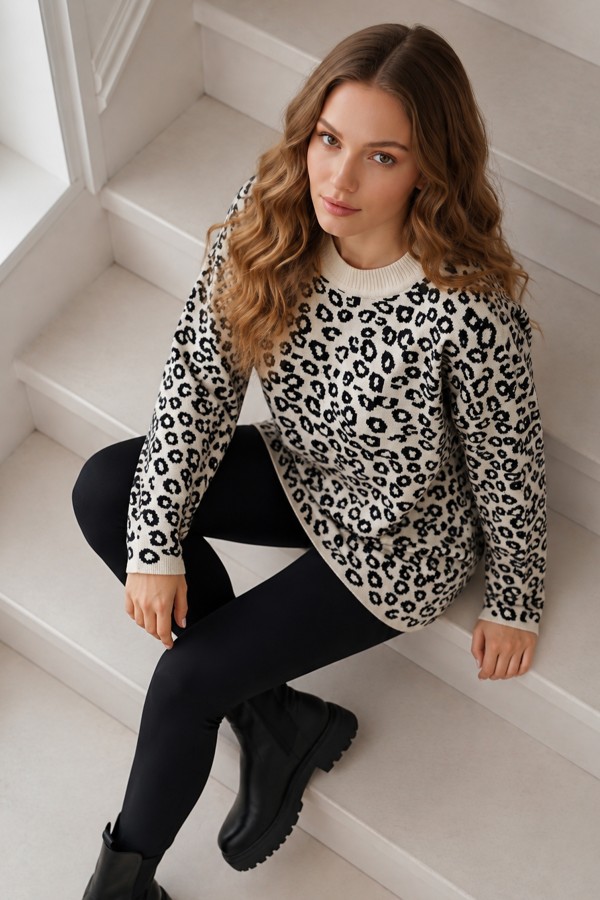 Leopar Desenli Tunik R7185 Ekru