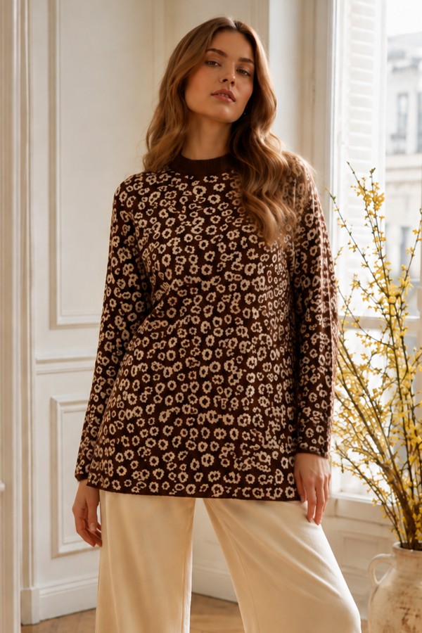 Leopar Desenli Tunik R7185 Kahverengi