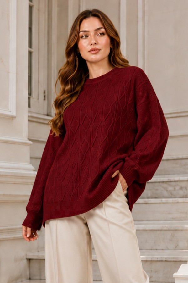 Örgü Desenli Triko Tunik R4484 Bordo