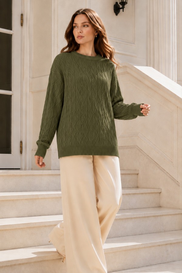 Örgü Desenli Triko Tunik R4484 Haki