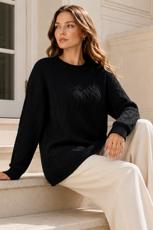 Örgü Desenli Triko Tunik R4484 Siyah
