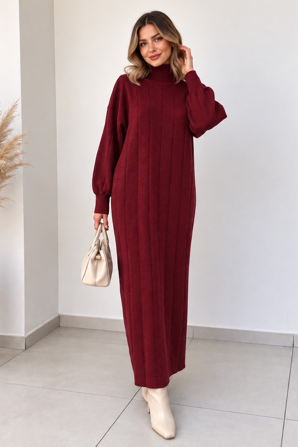 Dik Yaka Fitilli Triko Elbise K3051 Bordo