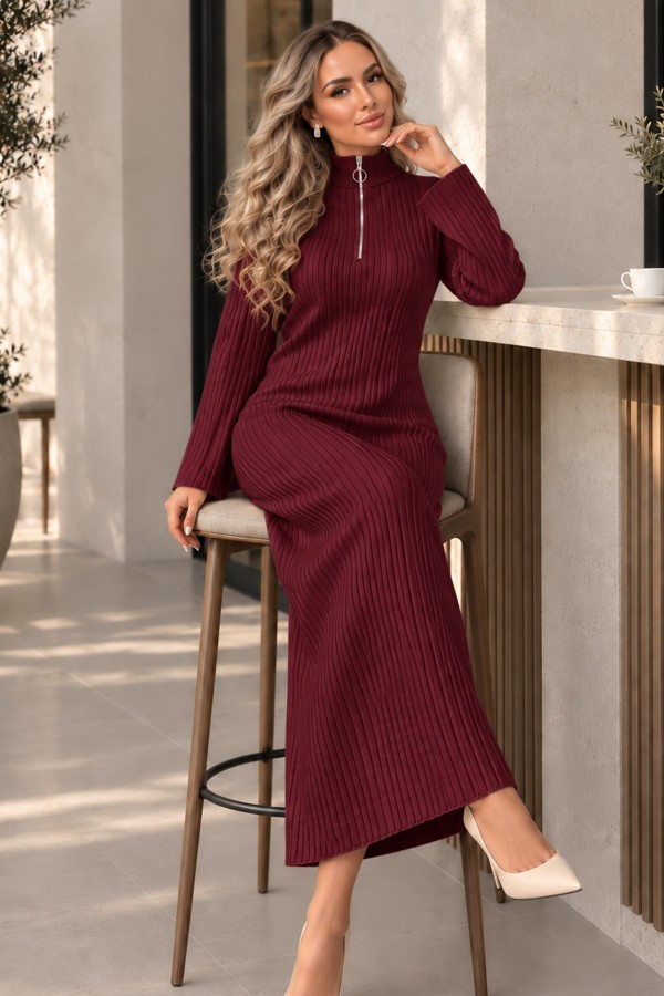 Yakası Fermuarlı Fitilli Triko Elbise K3018 Bordo