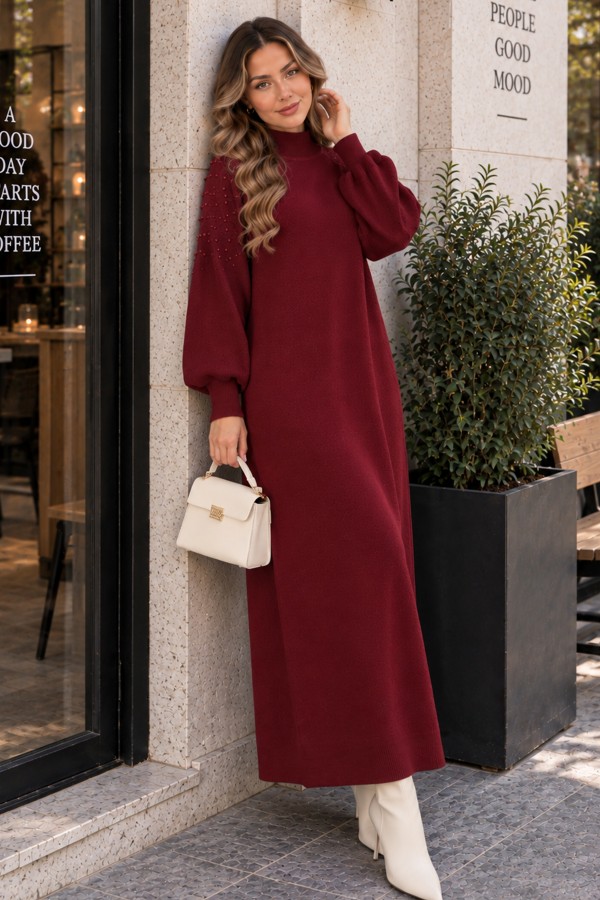 İnci Detaylı Triko Elbise K3084 Bordo