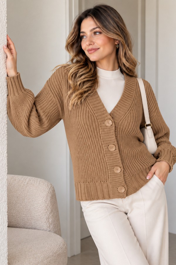Düğmeli Triko Hırka N512 Camel