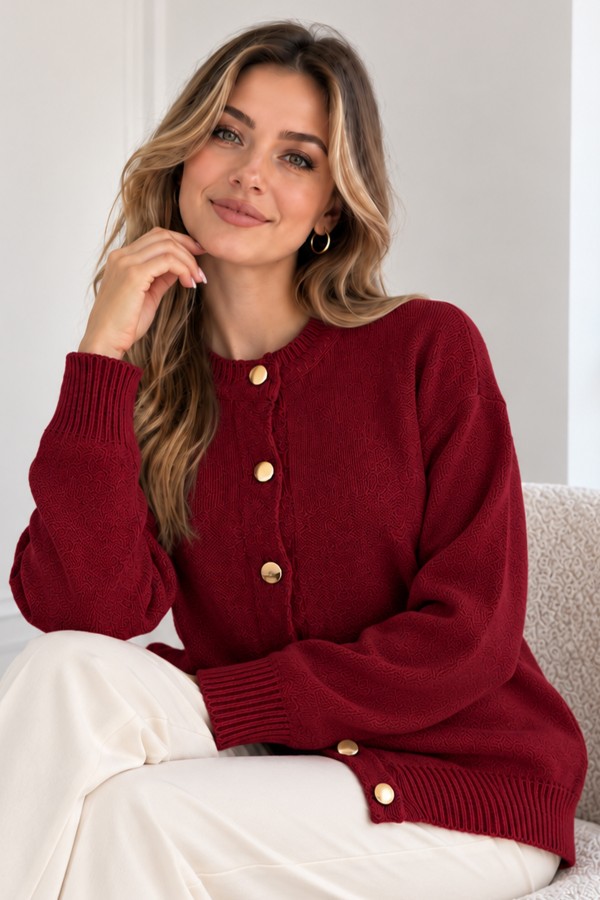 Düğmeli Triko Hırka N525 Bordo