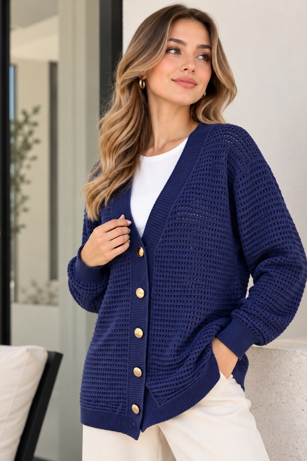 Ajurlu Merserize Hırka N3345 Lacivert