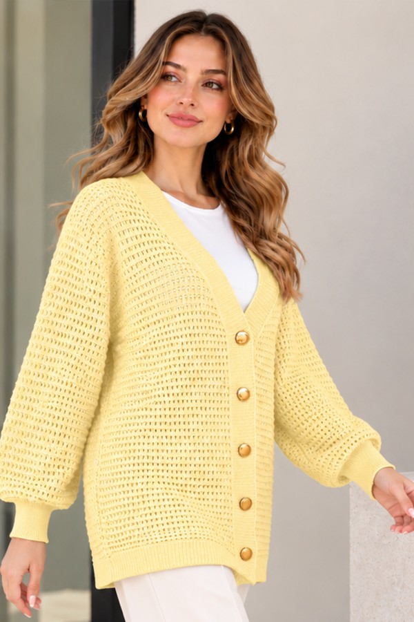 Ajurlu Merserize Hırka N3345 Limon Sarısı