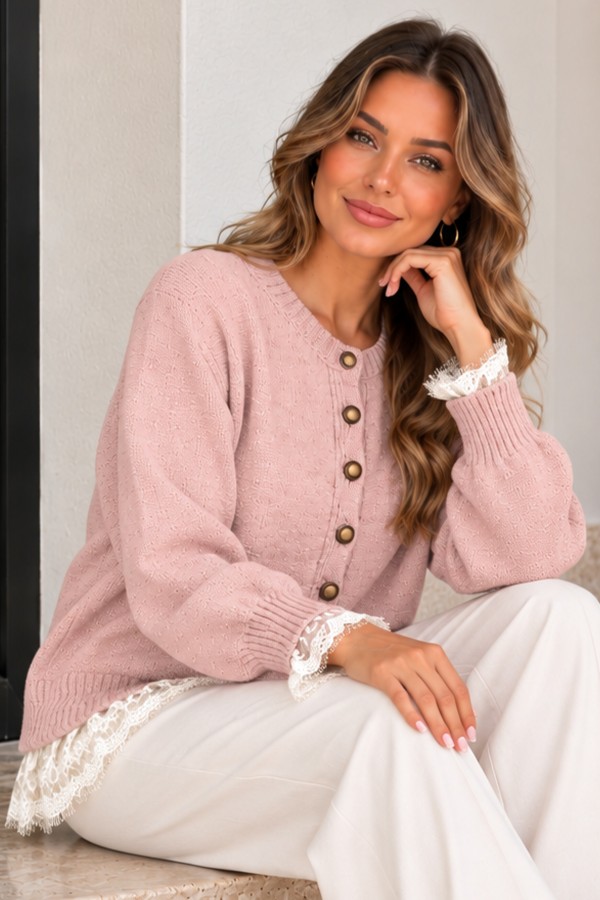 R4621 Dantel Detaylı Hırka Pudra